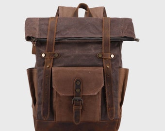 Full Grain Leather Travel Backpack: Canvas Laptop School Bag with Large Capacity