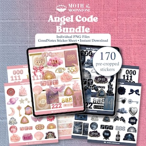 May include: A digital sticker bundle featuring two tablet screens displaying angel number graphics. The pink-themed sheet includes numbers like 777, 111, and 555 with celestial icons. The dark-themed sheet features 170 pre-cropped stickers with gothic motifs.