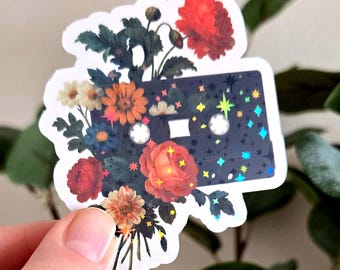 Floral Cassette Tape Sparkle Vinyl Sticker - retro tape with flowers, shiny glitter for laptops & water bottles, gift for her, gift for him