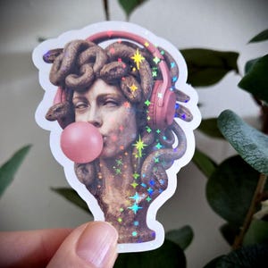 Funny Medusa with Bubble Gum and Headphones Sparkle Vinyl Sticker - with glitter for laptops & water bottles, gift for her, gift for him