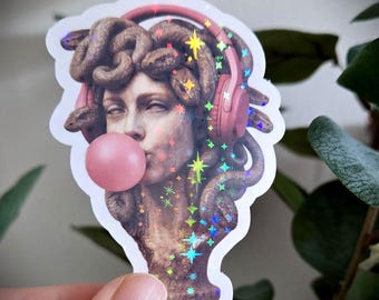 Divertida pegatina de vinilo brillante de Medusa con chicle y auriculares: con purpurina para portátiles y botellas de agua, regalo para ella, regalo para él