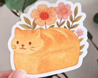 Cute Cat Loaf with Flowers - vinyl sticker, for laptops and water bottles, gift for her, gift for him, pet lover, cat parent, cat bread