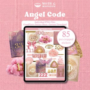 May include: A digital tablet displays a sticker sheet titled Angel Number Code, featuring 85 pre-cropped stickers with pink and gold motifs, including numbers like 111, 333, 555, 777, 888, clouds, crystals, bows, and wings, set against a textured pink background.
