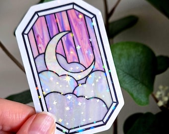 Sparkly Moon, Stained Glass Style Vinyl Sticker - Laptop & Water Bottle Decal, Unique Gift