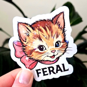 May include: A sticker depicting a cartoon kitten with ginger and brown fur, a pink bow, and the word "FERAL" in black text. The kitten has large eyes and a smiling expression. The sticker has a white border and a glittery effect.