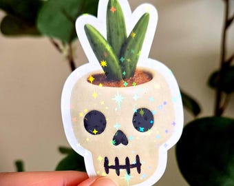 Cute Sparkle Skull Plant Pot Vinyl Sticker - plant in spooky skull flower pot, for laptops & water bottles, gift for her, gift for him