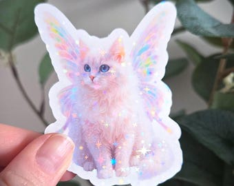 Cute Sparkle White Fairy Cat Vinyl Sticker - white cat with wings and glitter for laptops and water bottles, gift for her, gift for him