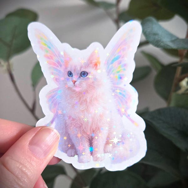 Cute Sparkle White Fairy Cat Vinyl Sticker - white cat with wings and glitter for laptops and water bottles, gift for her, gift for him