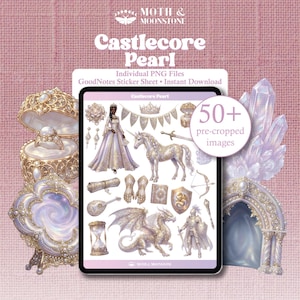Puede incluir: Un conjunto de pegatinas digitales titulado Castlecore Pearl con más de 50 imágenes PNG precortadas de elementos de fantasía que incluyen un unicornio, dragón, caballero, corona, joyas y un espejo ornamentado en una pantalla de tableta.