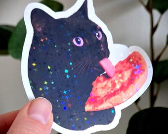 おもしろピザ猫スパークルビニールステッカー - ピザを舐める猫がキラキラ輝く、ノートパソコンやウォーターボトル用、彼女へのプレゼント、彼へのプレゼント