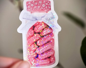 Sparkle Pink Pills Bottle Vinyl Sticker - shiny glitter capsules with sparkles for laptops & water bottles, gift for her, gift for him