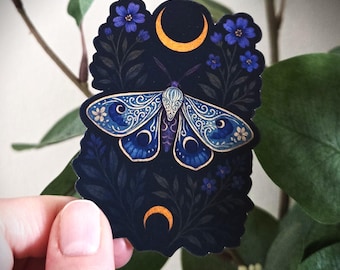 Moth in the Night Sky - a witchy vinyl sticker with moons, flowers and leaves, for laptops and water bottles, gift for her, gift for him