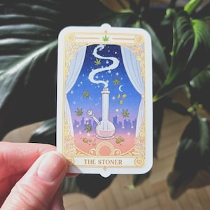 Stoner Tarot Card-inspirerad vinylklistermärke för bärbara datorer och vattenflaskor, roligt klistermärke för cannabisentusiaster
