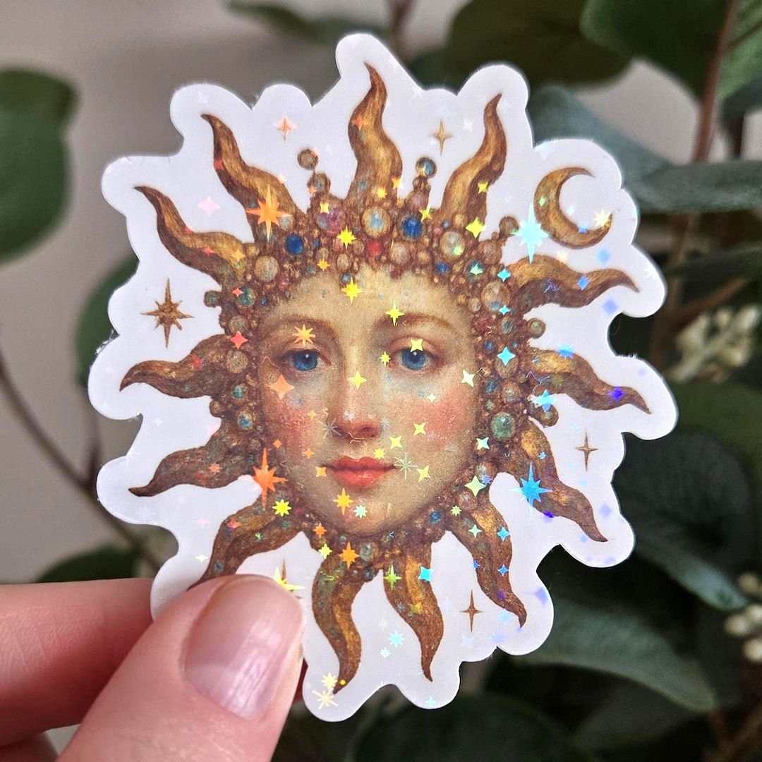 Golden Sun Goddess Sparkle Vinyl Sticker - Celestial Face With Moon, Shiny Glitter Etsy Canada