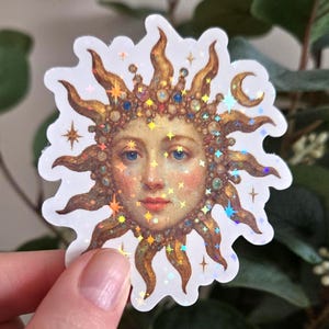 Golden Sun Goddess Sparkle Vinyl Sticker - celestial face with moon, shiny glitter for laptops & water bottles, gift for her, gift for him