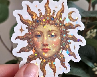 Golden Sun Goddess Sparkle Vinyl Sticker - celestial face with moon, shiny glitter for laptops & water bottles, gift for her, gift for him