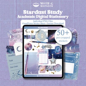 May include: Stardust Study Academic Digital Stationery set featuring over 50 pre-cropped stickers, including celestial motifs like moons, stars, and planets. The collection includes digital checklists, assignment trackers, and exam countdowns with a purple and blue galaxy theme.