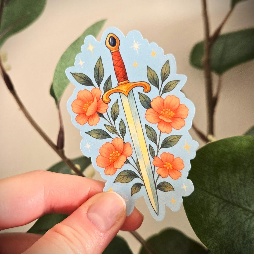 Magic Sword Sticker Fantasy Sword Vinyl Sticker With Flowers on Blue - for Laptops and ...