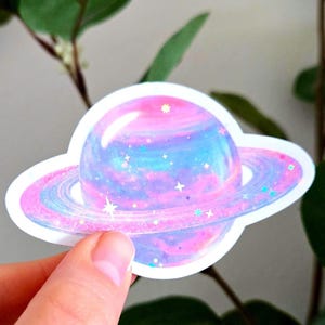 Pastel Sparkle Planet Vinyl Sticker - ringed planet with swirls and shiny glitter for laptops and water bottles, gift for her, gift for him