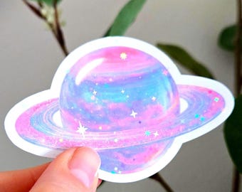 Pastel Sparkle Planet Vinyl Aufkleber - Ringelplanet mit Strudeln und glänzendem Glitzer für Laptops und Wasserflaschen, Geschenk für Sie, Geschenk für Ihn