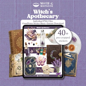 Könnte beinhalten: Ein digitales Sticker-Set mit dem Titel Witch's Apothecary, das über 40 vorgeschnittene PNG-Dateien für GoodNotes enthält. Die Sammlung umfasst Illustrationen von alten Büchern, Kristallanhängern, Glasflaschen, getrockneten Kräutern und Himmelsmotiven.