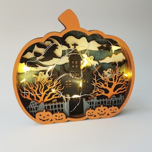 Spersonalizowane 3D drewniane światło dyniowe – niestandardowa dekoracja biurka na Halloween z diodami LED, prezent w postaci nocnego światła dyniowego, upiorny upominek na imprezę, sztuczka dekoracyjna