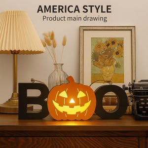 BOO Halloween Light Up Pumpkin Sign | Wooden Halloween Decor | LED Jack O’ Lantern Tabletop Decoration