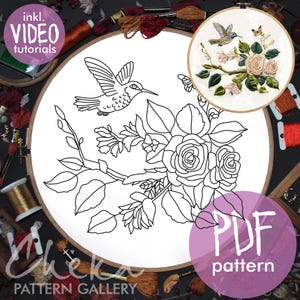 Hummingbird Embroidery Pattern, Floral embroidery, flower & Bird Pattern, Hand Embroidery PDF, Wildlife Embroidery, roses, garden embroidery
