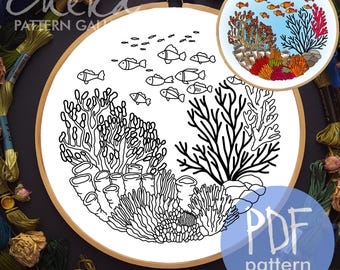 Honeycomb coral, stylophora, staghorn coral. Hand Embroidery PDF, coral reef, tropical aquarium, summer embroidery.Tropical sea fish pattern