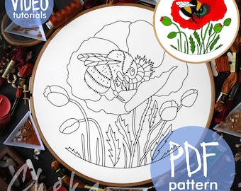 Poppy and Bumblebee Hand Embroidery Pattern. Red poppie and the Bumblebee. Summer embroidey project, Bumblebee embroidery design PDF