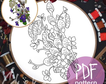 Pussy willow and violets, spring bouquet. Hand embroidery pattern PDF