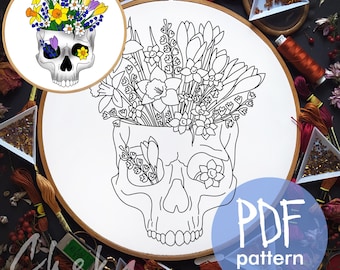 Skull hand embroidery pattern with spring flowers, PDF Embroidery scheme, spooky hoop art