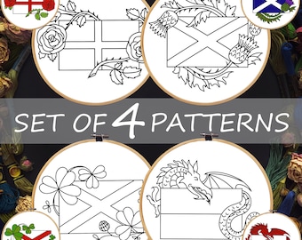 Symbols of England, Flags of Great Britain. Hand Embroidery Pattern Bundle (Digital Download)