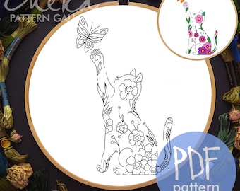 Cat and Butterfly Embroidery Pattern, Flower Cat Portrait (PDF)