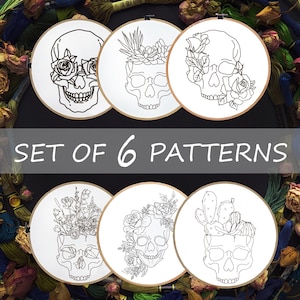 Embroidery kit, set of 6 hand embroidery patterns with skulls. Skull with succulents and roses. Gothic embroidery, Witchy Embroidery Designs