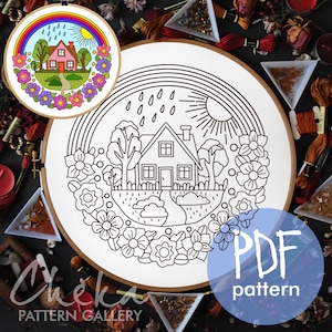 Cottage Hand Embroidery Template, Rainbow Embroidery Pattern, Cottagecore Embroidery Pattern, House Embroidery Pattern, Handmade embroidery