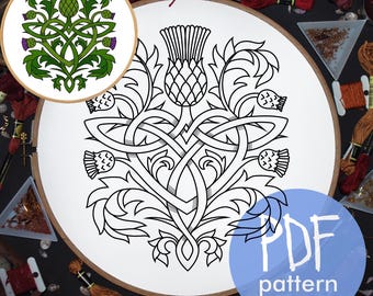 Scottish Thistle Embroidery Pattern, Celtic Knot Flower Design, Scotland DIY Floral Decor (PDF Download