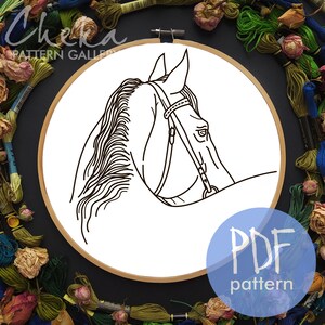 Horse, hand embroidery pattern. Cute horse portrait. Horse embroidery template. Simple embroidery with your own hands.Horse digital portrait