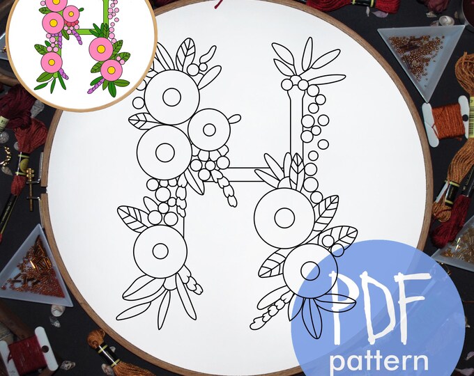 Floral Alphabet Embroidery PDF Pattern, 6”, Instant Digital Download ...