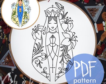 Virgin Mary Praying Hand Embroidery Pattern PDF, Catholic Hoop Art (Digital Download)