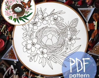 Hand embroidery pattern with butterflie, blossom and bird's nest. Easter embroidery template PDF
