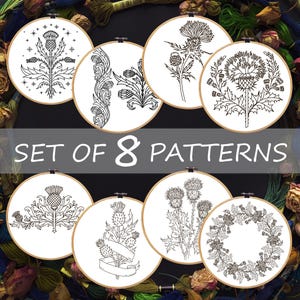 Thistle Embroidery bundle, set of 8 floral hand embroidery designes. Embroidery patterns with thistle. Traditional Scottish Crest, Hoop Art