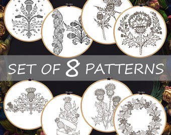 Thistle Embroidery Designs, Scottish Crest, Floral Hoop Art (Set of 8, PDF Pattern)