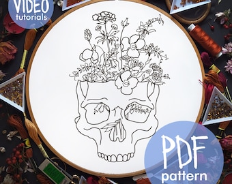 Skull and Flowers Hand Embroidery Pattern, Gothic Design (PDF Pattern)