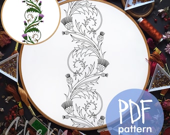 Thistle, hand embroidery pattern PDF. Botanical motifs. Traditional Scottish Crest. Pattern for pillows, tablecloths