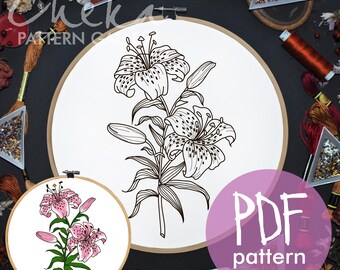 Tiger Lilies Hand Embroidery Pattern, Floral Botanical Design (PDF Pattern)