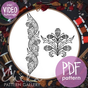 Thistle, decorative pattern for hand embroidery. Stylized Thistle flower, Traditional Scottish Crest. Botanical embroidery. Modern Hoop Art