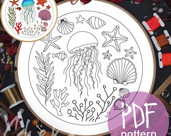 Jellyfish Embroidery pattern, Ocean Embroidery Design, Marine Jellyfish Needlepoint Pattern, Beach Lover, Summer Embroidery, PDF Template