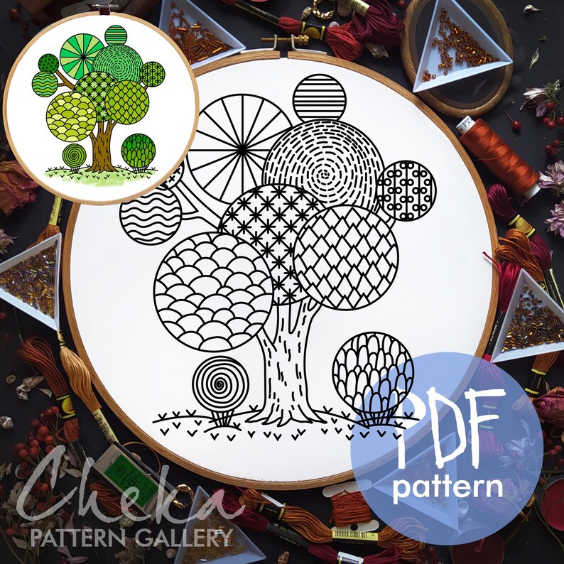 May include: An embroidery hoop featuring a black and white tree design with patterned circular leaves. A smaller, coloured version of the tree is in the top left. The text "PDF pattern" is in a blue circle.