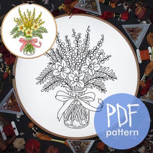 Mimosa and daffodils, Spring embroidery pattern, Easter flowers. Hand embroidery pattern, Spring bouquet. Easter embroidery template PDF